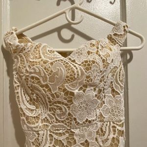 Missguided Lace Bardot Midi Dress. White lace with nude underlay. US size 2